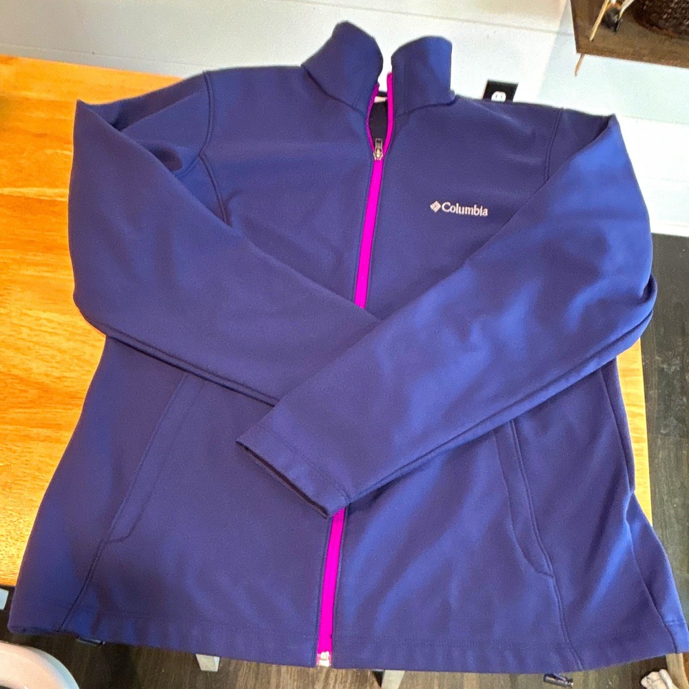 Columbia Blue/Pink Full Zip Fleece Jacket Pockets Drawstring Women's L WLS343